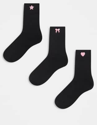 Pieces 3 Pack Pink Embroidered Socks In Black