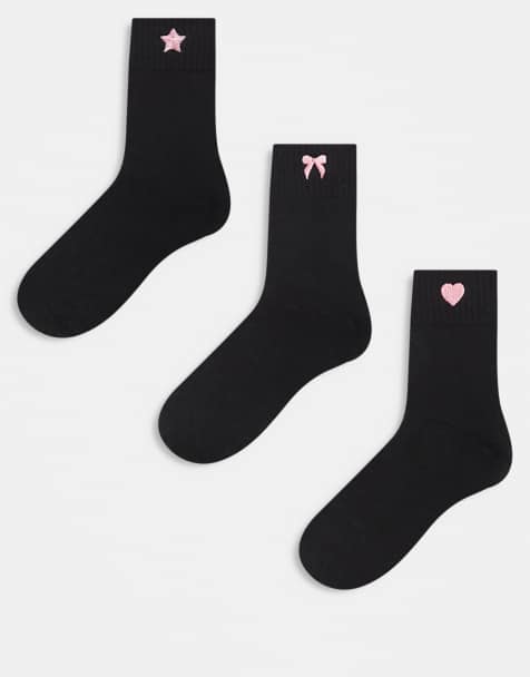 Pieces 3 pack pink embroidered socks in black - view 1