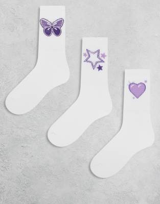 Pieces 3-pack Purple Embroidered Ankle Socks