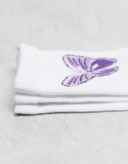 Pieces 3-pack purple embroidered ankle socks in white, 2 of 3