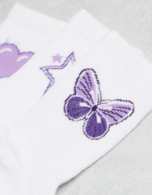 Pieces 3-pack purple embroidered ankle socks in white, 3 of 3