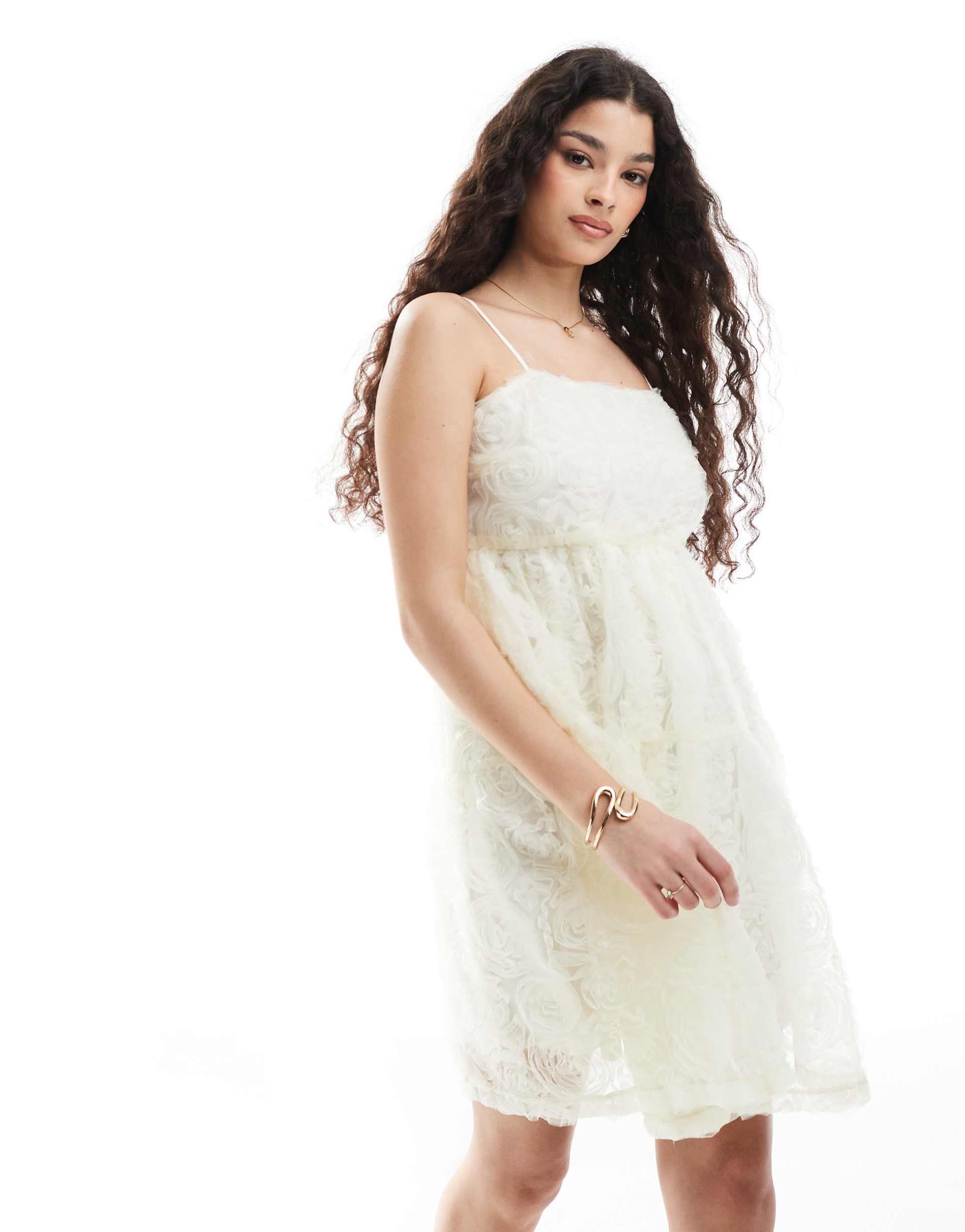 pieces 3d flower applique mini dress in white
