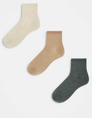 Pieces - 3er-Pack Socken in Grau, Camel und Birke mit Muschelsaum-Bunt