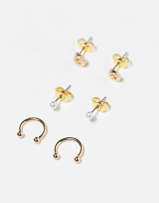 Pieces – 3er Packung goldfarbene Ohrstecker mit Ziernieten und Ohrmanschette, 3 von 3