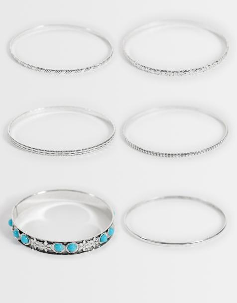 PIECES 6 pack blue stone bangles in silver tone - view 1