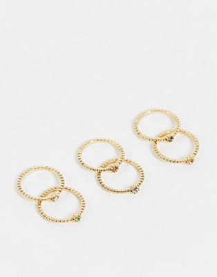 Pieces 6 pack rings in gold with rainbow stone