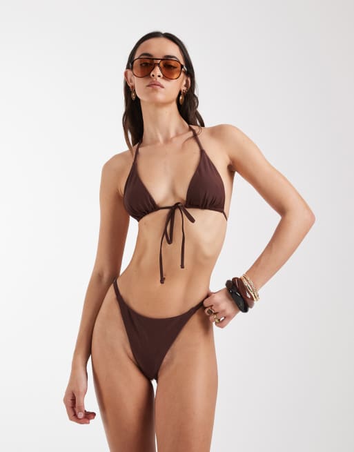 PIECES narrow triangle tie front bikini top and adjustable thong bikini bottoms set in deep mahogany brown, 2 of 3