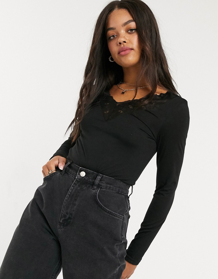 Pieces Adriana deep v, lace trim bodysuit in black