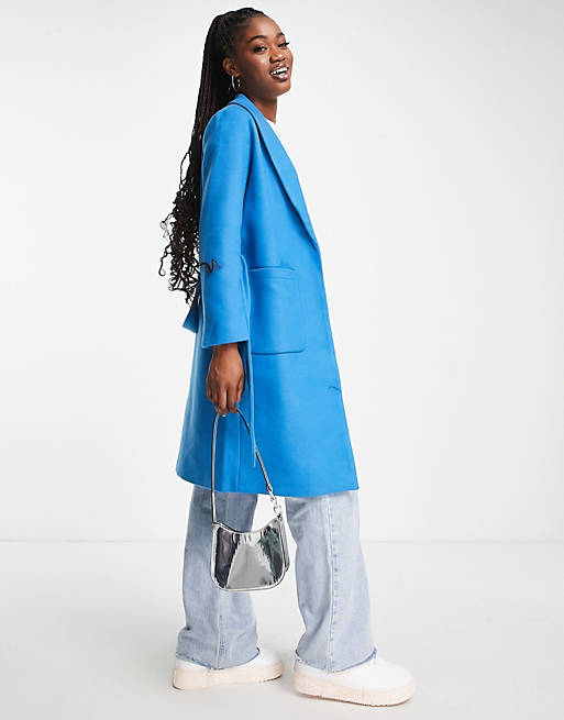 Pieces Alicia belted wool blend coat in blue