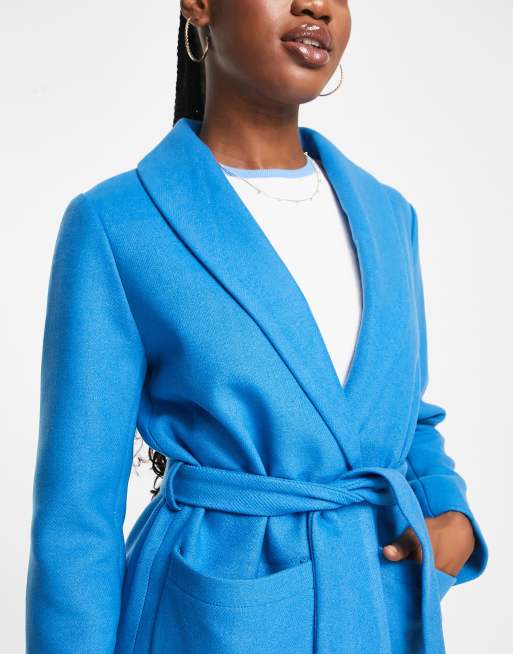 Pieces Alicia belted wool blend coat in blue | ASOS