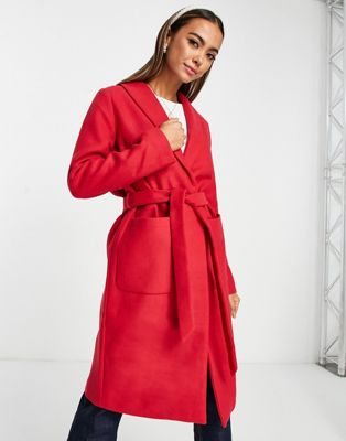 Pieces Alicia belted wool blend coat in red