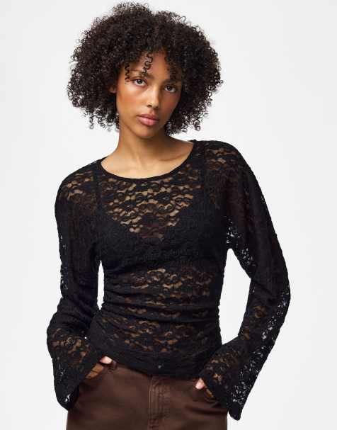 Pieces Alli jersey crew neck long sleeve stretch top in black - view 1