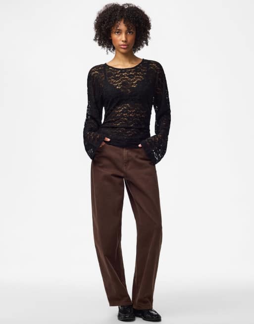 Pieces Alli jersey crew neck long sleeve stretch top in black, 3 of 7