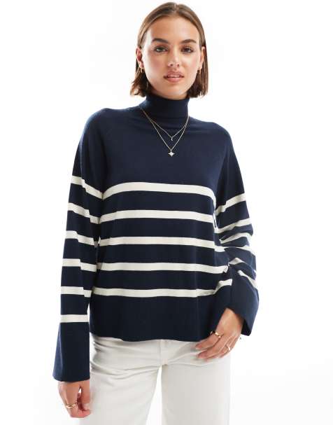 Pieces Amelia roll neck jumper in navy and white stripe - view 1