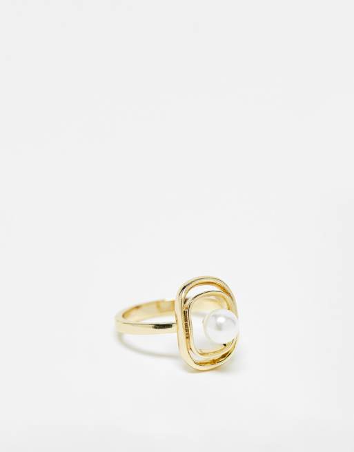 Pieces - Anello color oro squadrato con perla