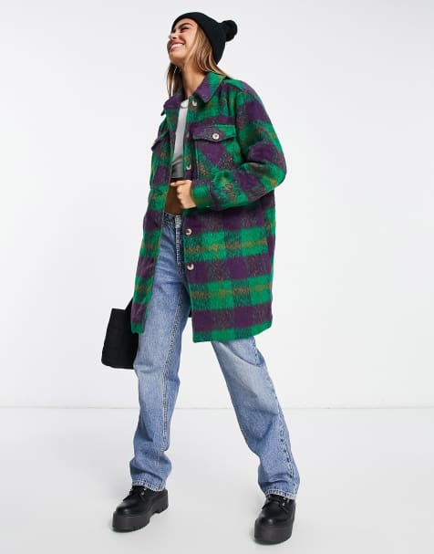 Pieces – Angeraute, schwere Longline-Hemdjacke mit Karomuster in Lila und Grün - view 1