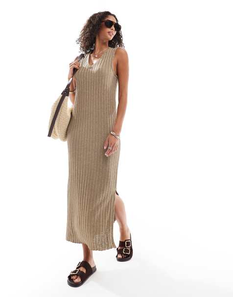 Pieces – Ärmelloses Midikleid in Beige mit V-Ausschnitt - view 1