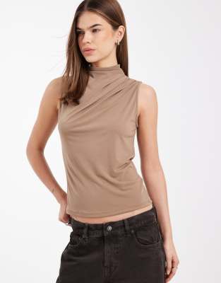 Pieces - Ärmelloses Oberteil in Taupe-Grau mit drapiertem Ausschnitt-Neutral