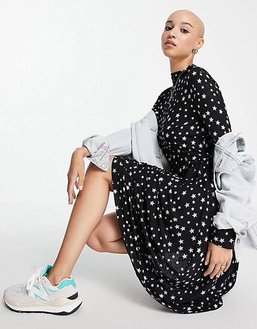 Pieces Asta black long sleeve midi dress in all over white star print