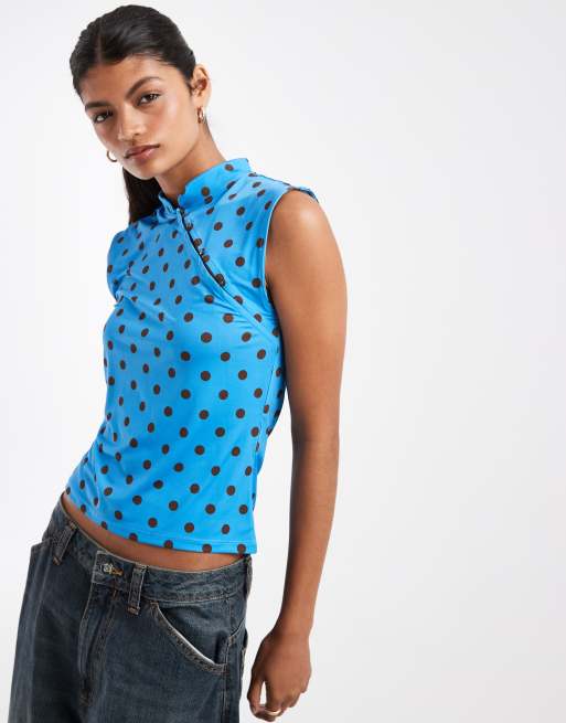 Pieces asymmetric button jersey top in blue and brown polka dot, 3 of 4