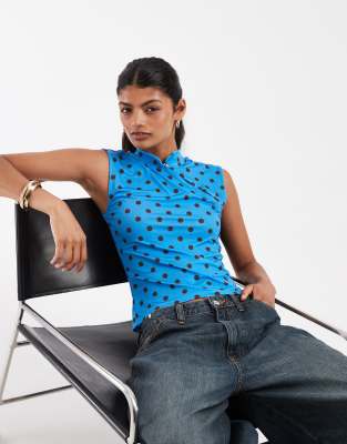 Pieces Asymmetric Button Jersey Top In Blue