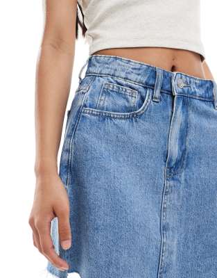 Pieces Asymmetric Hem Detail Denim Mini Skirt In Blue