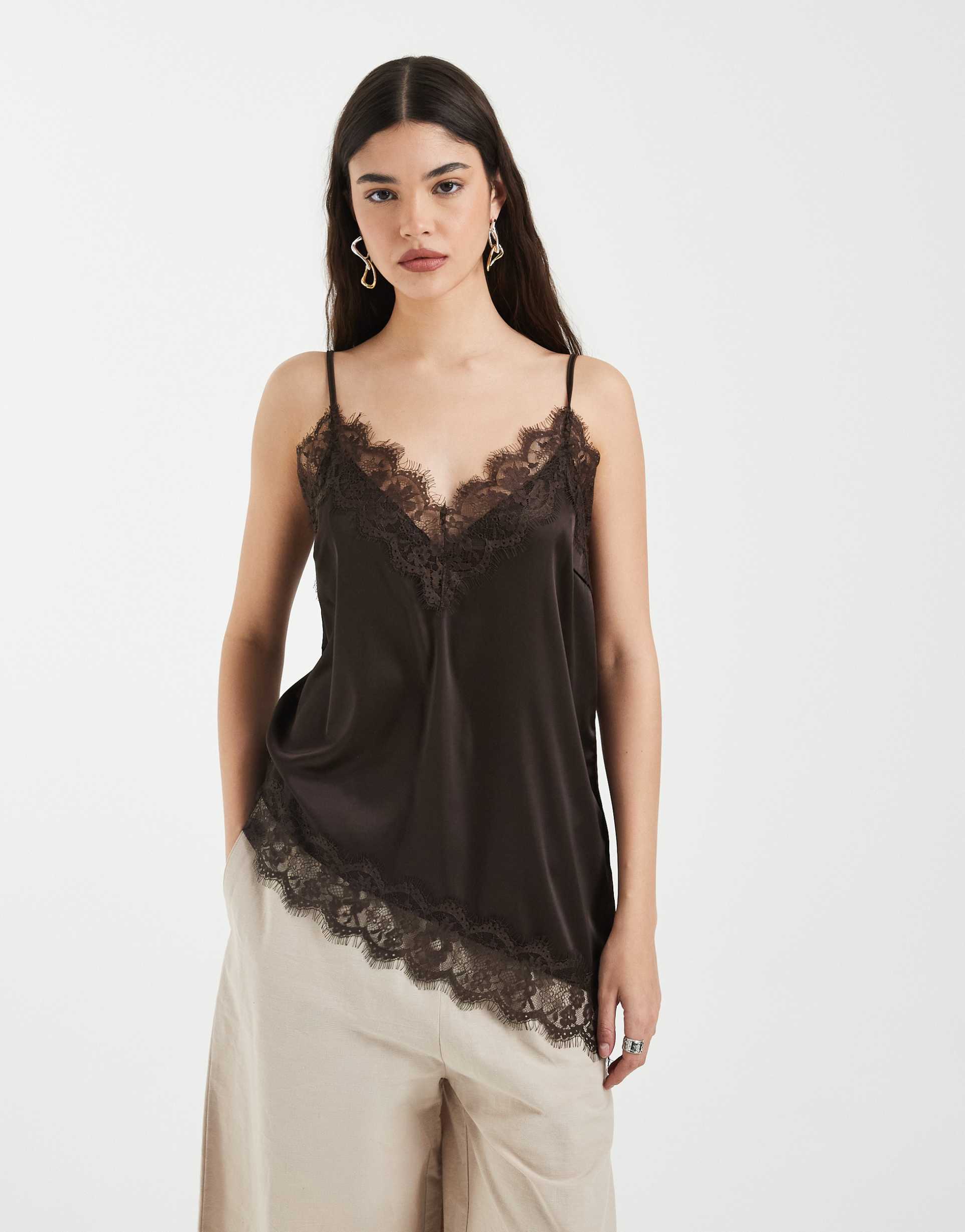 pieces asymmetric lace trim satin cami top in chocolate brown