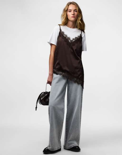 Pieces asymmetric lace trim satin cami top in chocolate brown, 2 of 4