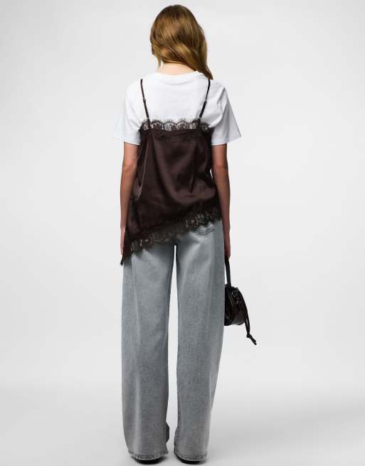 Pieces asymmetric lace trim satin cami top in chocolate brown, 4 of 4