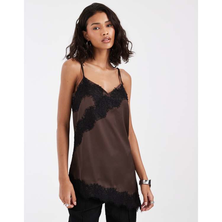 PIECES asymmetric lace trim satin cami top in chocolate brown | ASOS