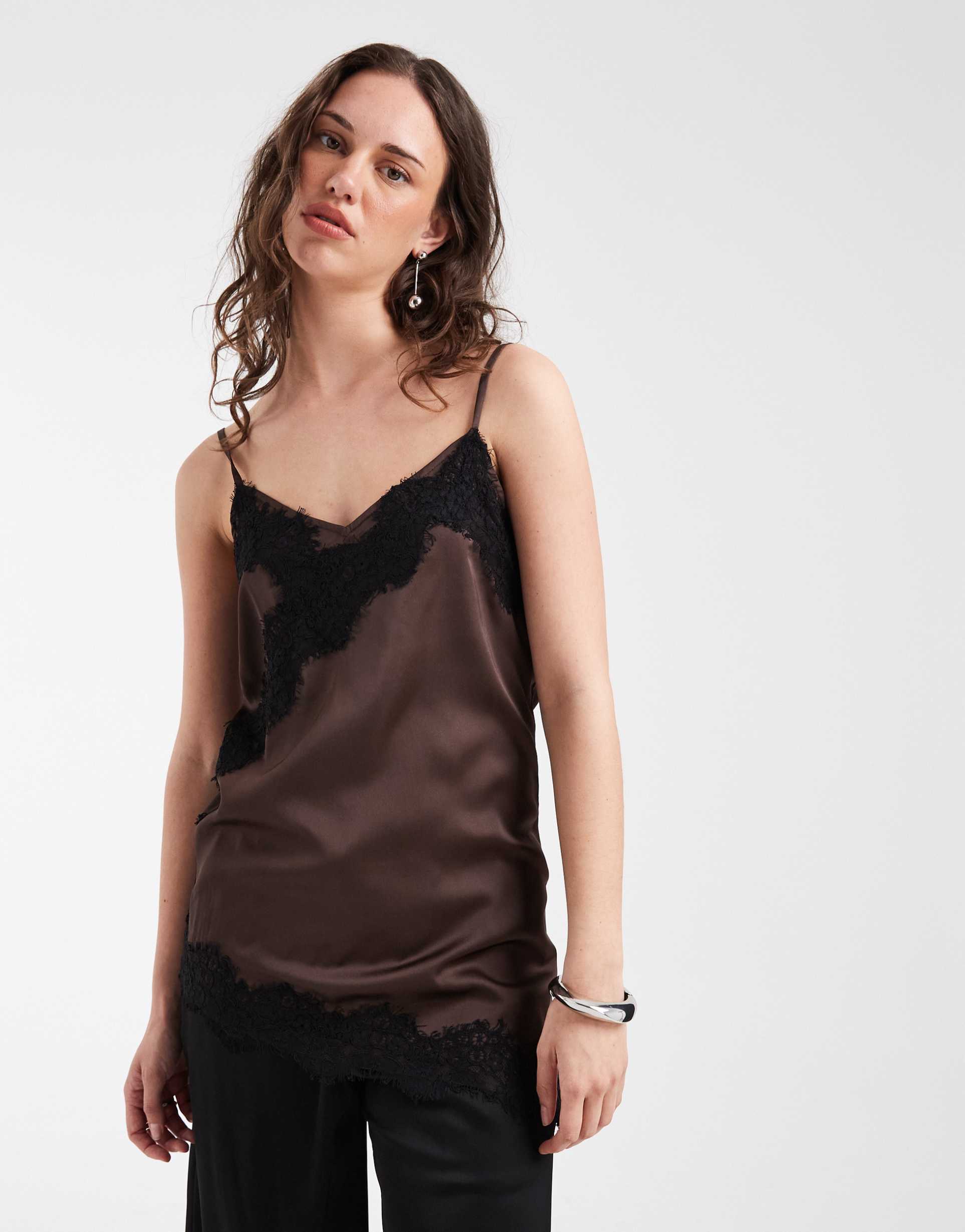 pieces asymmetric lace trim satin cami top in chocolate brown