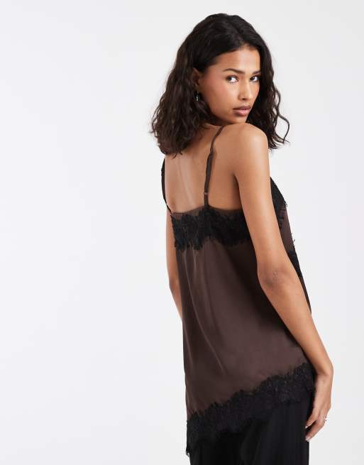 Pieces asymmetric lace trim satin cami top in chocolate brown | ASOS