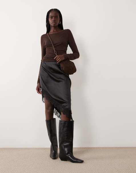 Pieces asymmetric lace trim satin mini skirt in black - view 1