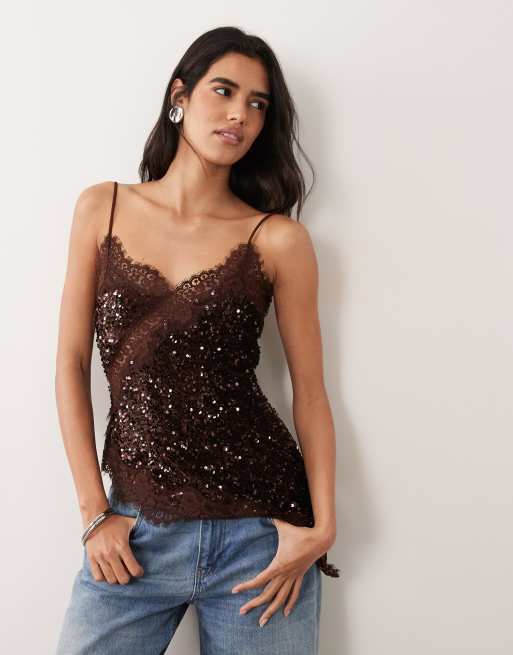 Pieces asymmetric lace trim sequin and velvet cami top in brown, 2 of 4