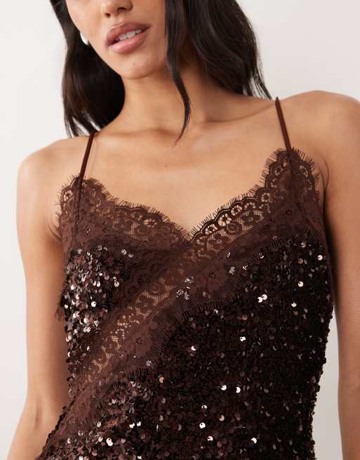 Pieces asymmetric lace trim sequin and velvet cami top in brown, 3 of 4