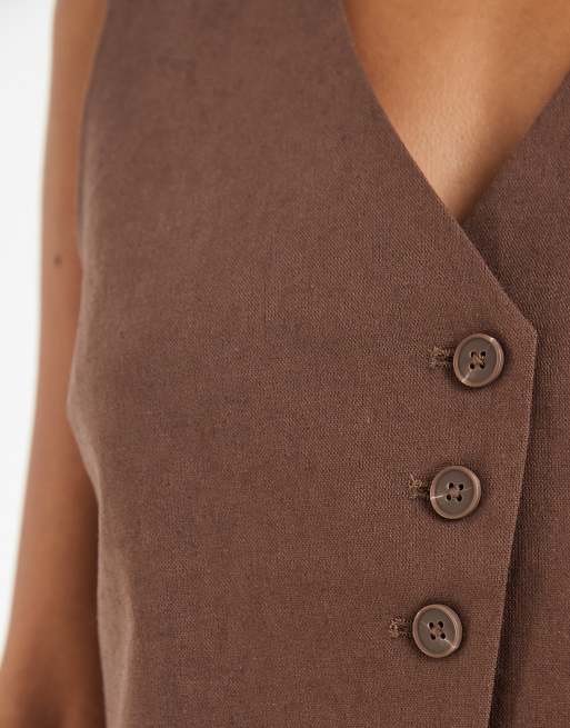 Pieces asymmetric linen-touch tailored waistcoat co-ord in chocolate brown, 3 of 4
