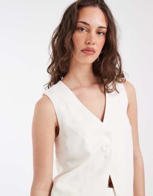 Pieces asymmetric linen touch tailored waistcoat in white (part of a set), 4 of 4