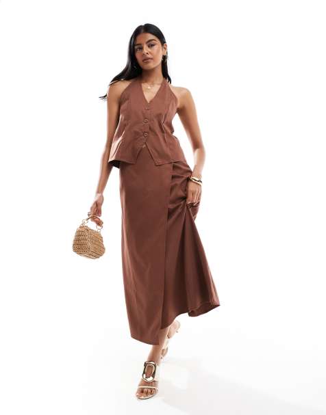 Pieces asymmetric midi skirt in chocolate brown (part of a set) - view 1