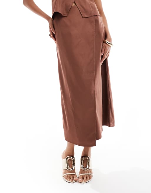 Pieces asymmetric midi skirt in chocolate brown (part of a set), 3 of 5