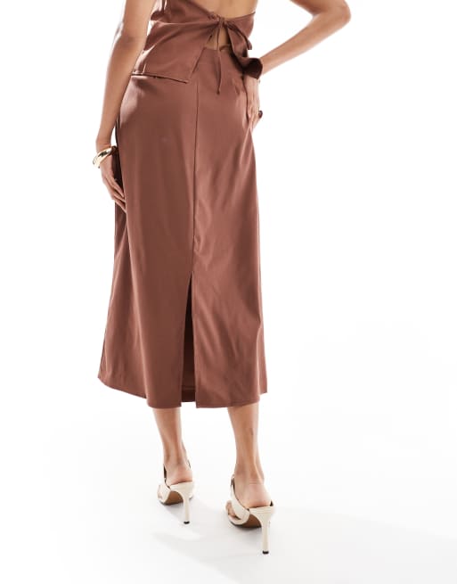 Pieces asymmetric midi skirt in chocolate brown (part of a set), 4 of 5