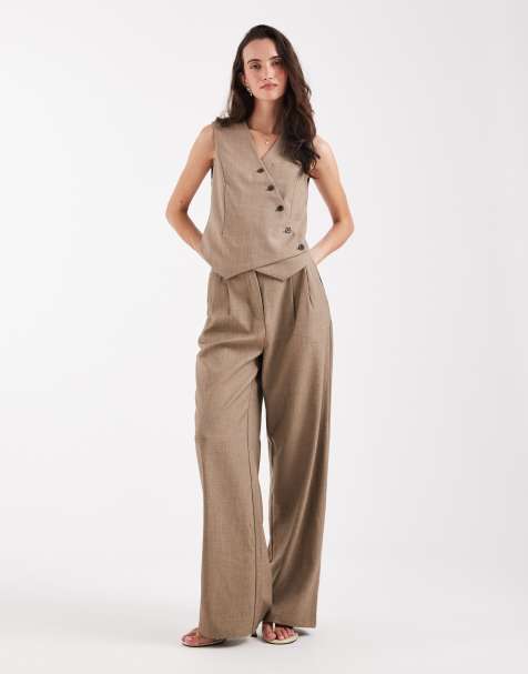 Pieces asymmetric tailored vest and wide leg pants set in light brown - view 1
