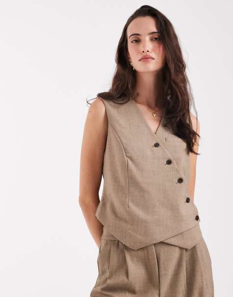 Pieces asymmetric tailored vest in light brown - part of a set - view 1