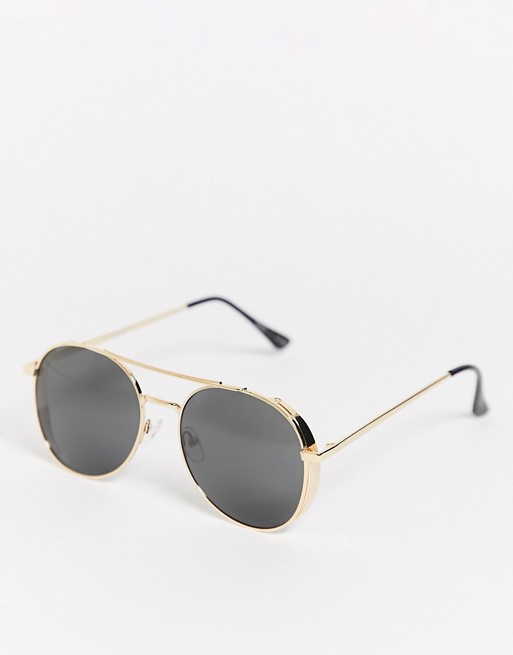 Pieces aviator sunglasses with gold rims and black tint lenses