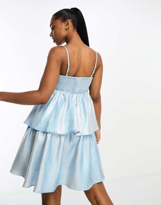 PIECES - Babydoll cami-kjole i metallisk babyblå, 4 af 4