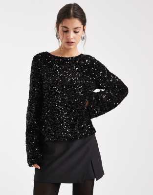 Pieces Backless Sequin Top With Satin Bow Back In Black