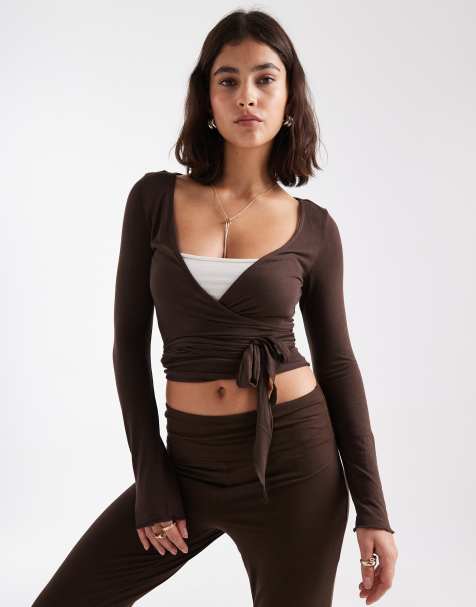 Pieces ballerina wrap top co-ord in chocolate brown - view 1