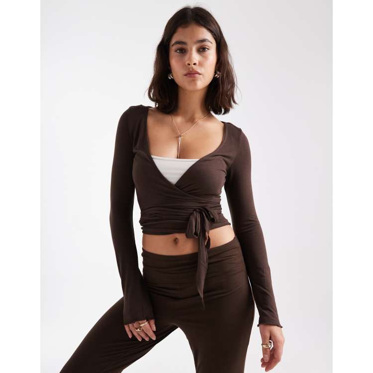 Pieces ballerina wrap top co-ord in chocolate brown ASOS