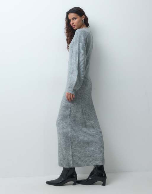 Pieces balloon sleeve button front knitted dress in light grey melange, 3 of 4