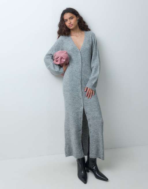 Pieces balloon sleeve button front knitted dress in light grey melange, 4 of 4