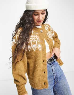 balloon sleeve fairisle cardigan in camel-Green